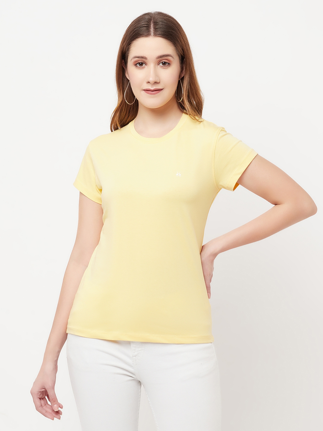 Crimsoune Club | Crimsoune Club Women Yellow Solid Round Neck T-Shirt 0