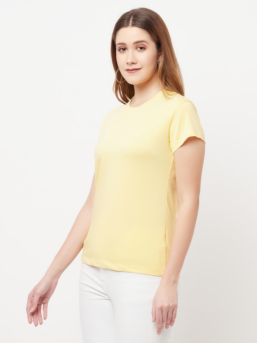 Crimsoune Club | Crimsoune Club Women Yellow Solid Round Neck T-Shirt 2