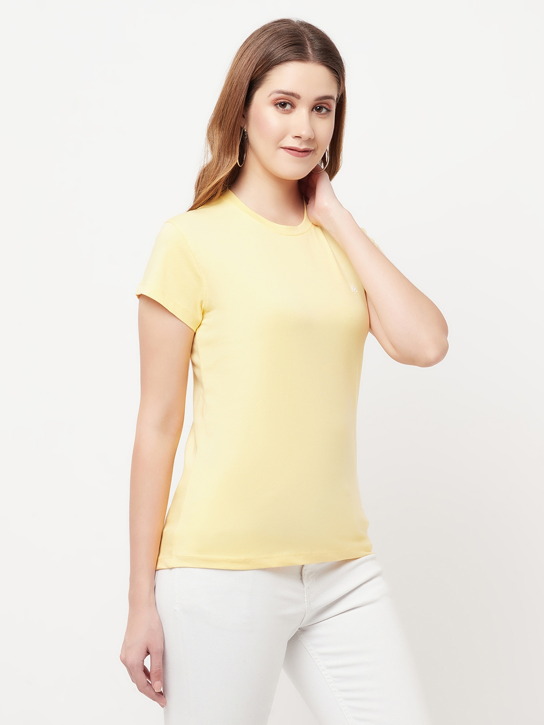 Crimsoune Club | Crimsoune Club Women Yellow Solid Round Neck T-Shirt 3