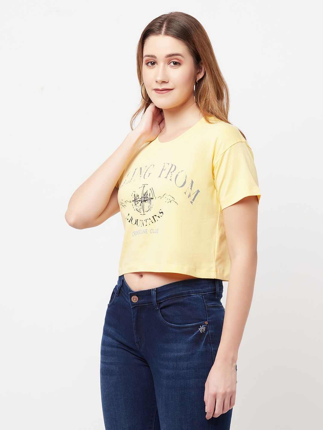 Crimsoune Club | Crimsoune Club Women Yellow Printed Round Neck Cropped T-Shirt 2