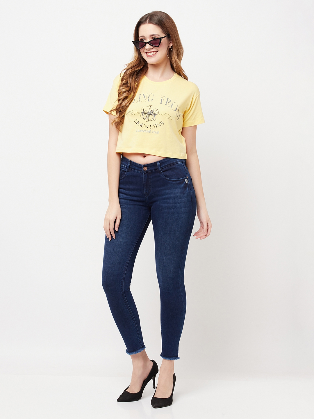 Crimsoune Club | Crimsoune Club Women Yellow Printed Round Neck Cropped T-Shirt 6