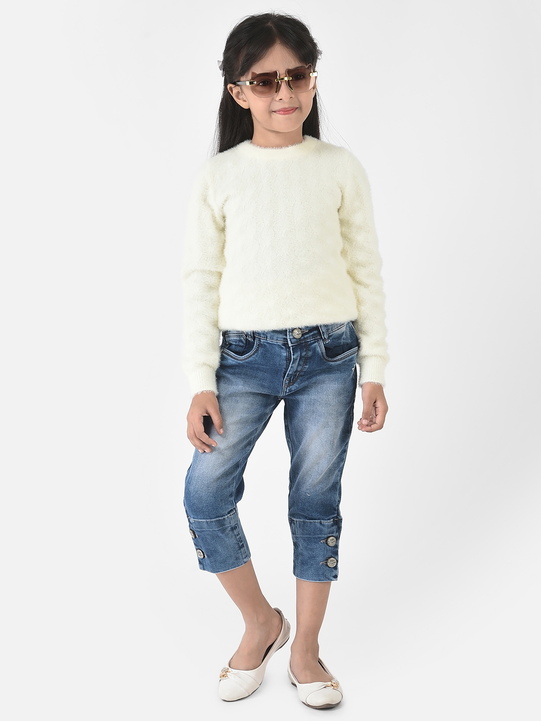 Crimsoune Club Girls Denim Capri with Button Detailing