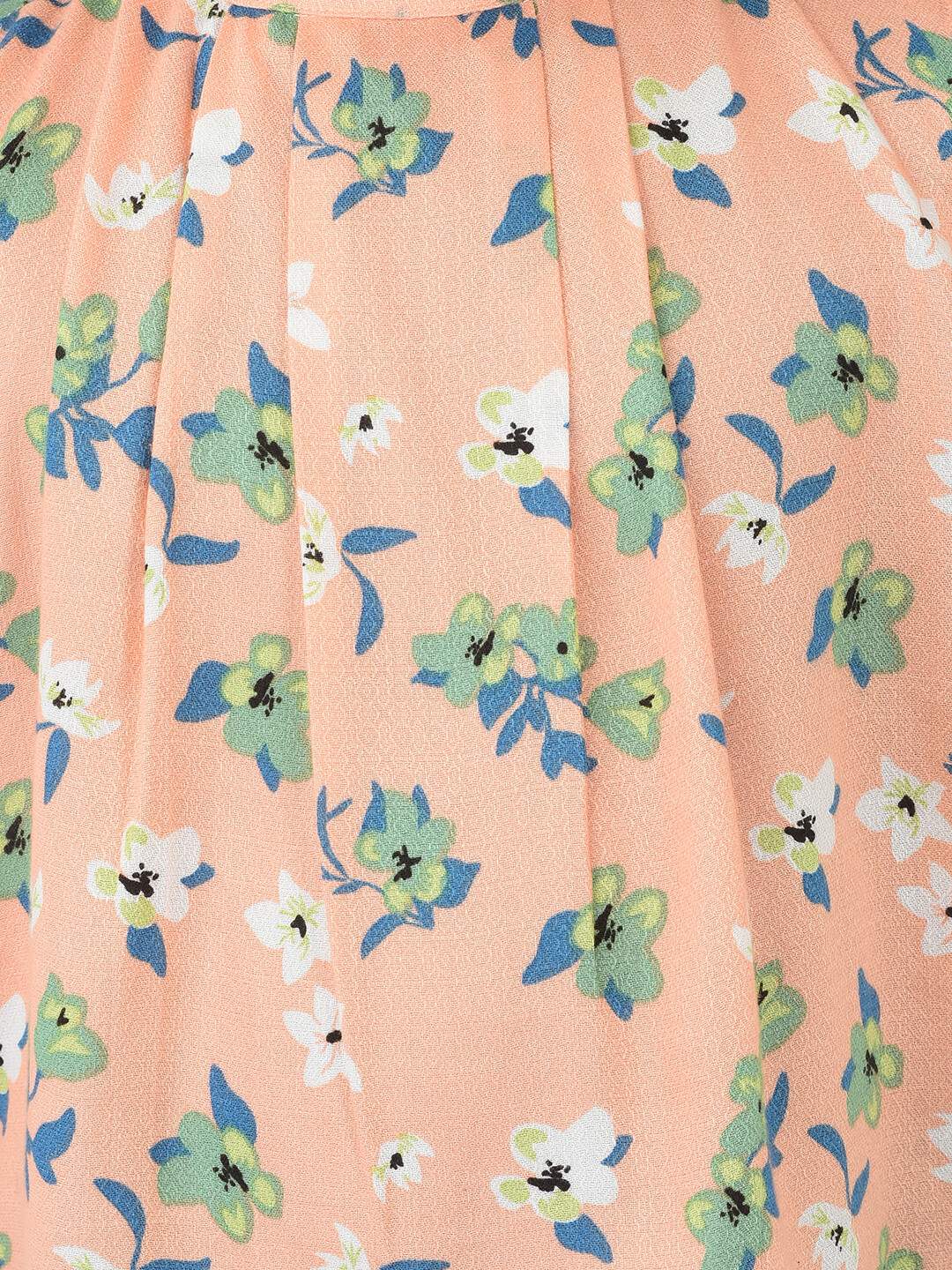 Crimsoune Club Girls Peach Cold Shoulder Sleeves Floral Printed Top