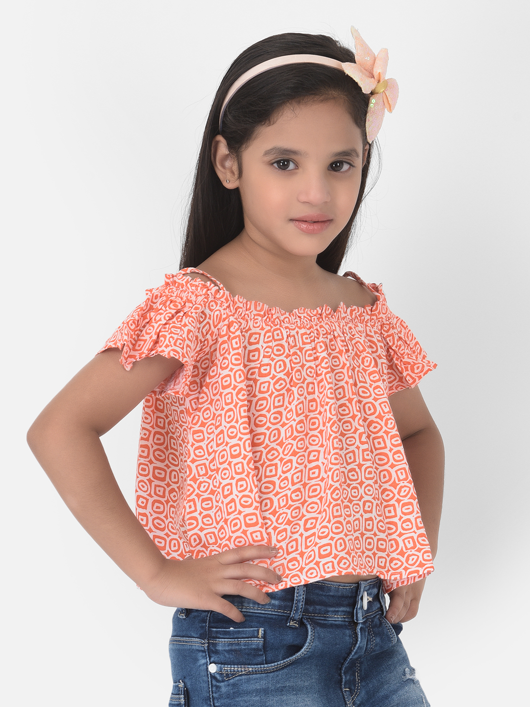 Crimsoune Club Girls Orange Printed Cold Shoulder Crop Top
