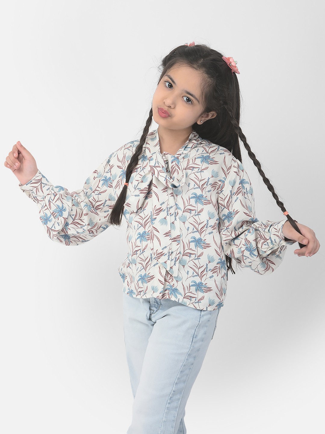 Crimsoune Club Girls White Floral Puff Sleeve Top