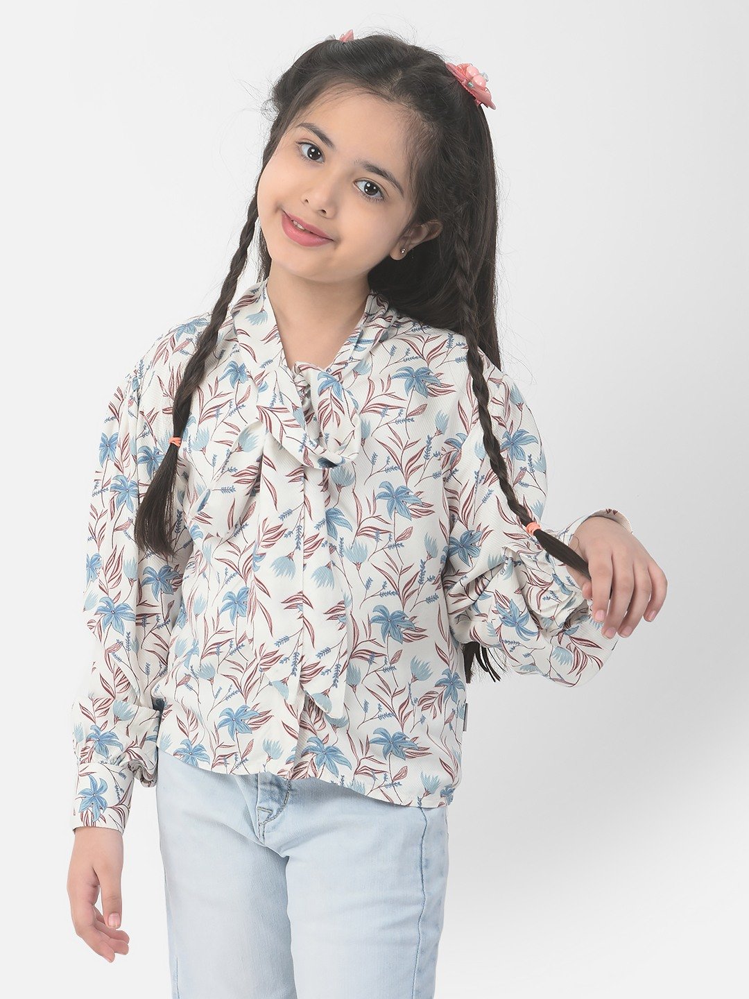 Crimsoune Club Girls White Floral Puff Sleeve Top