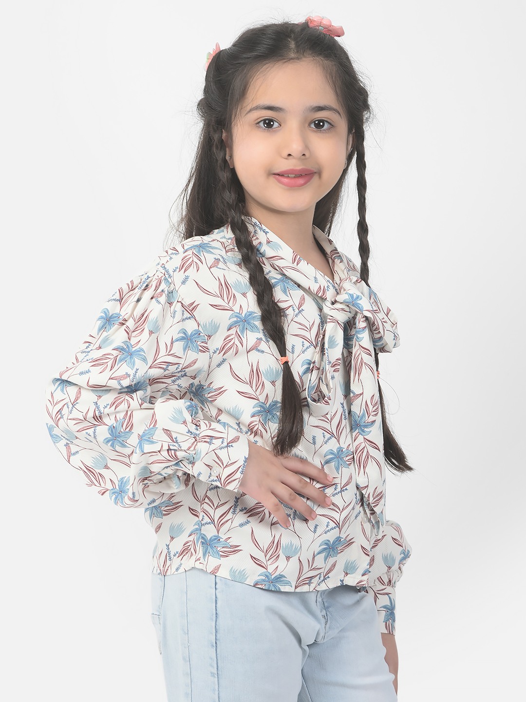 Crimsoune Club Girls White Floral Puff Sleeve Top
