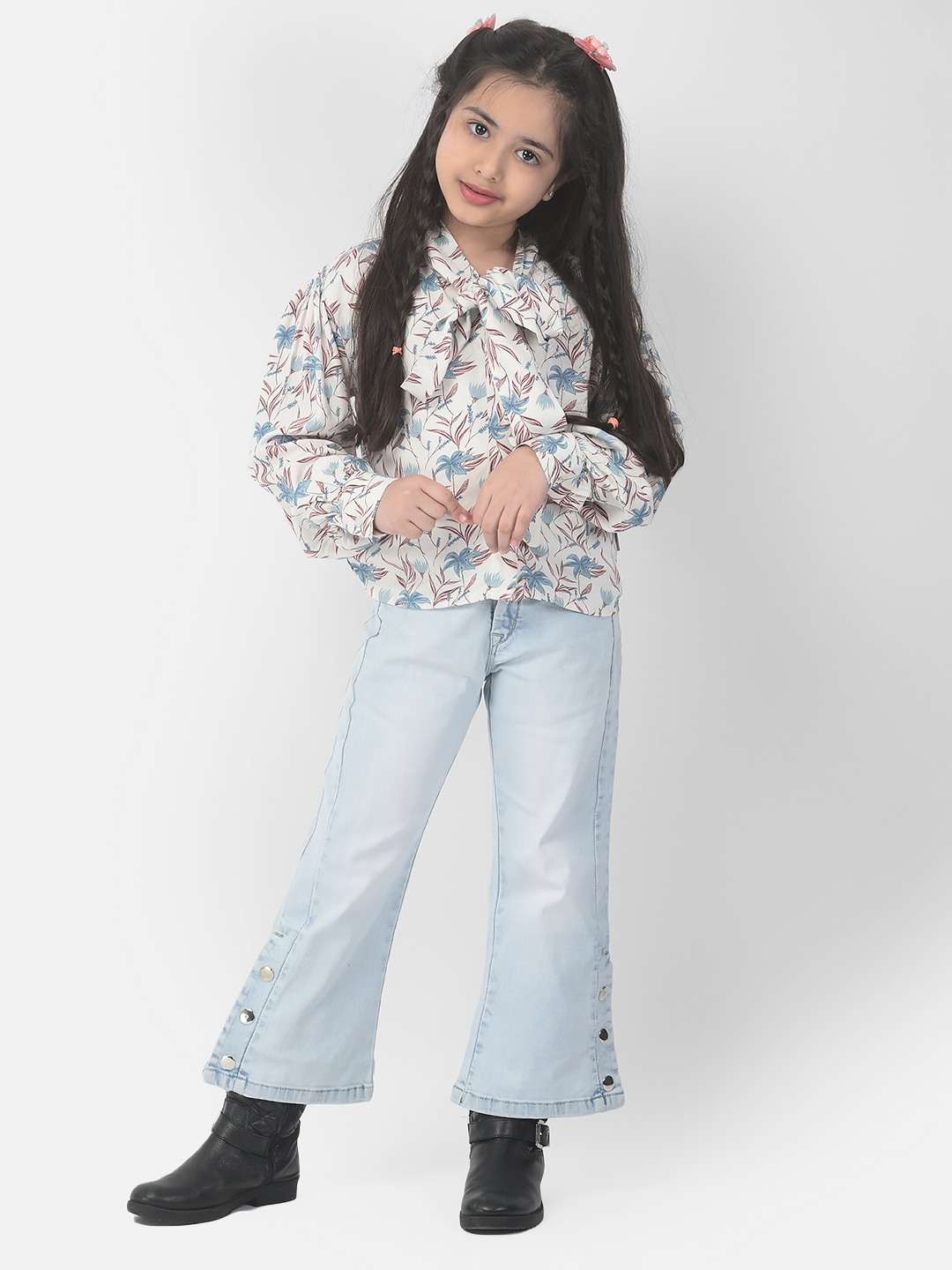 Crimsoune Club Girls White Floral Puff Sleeve Top