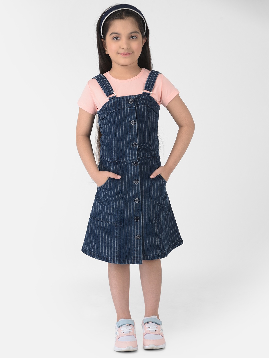 Crimsoune Club Navy Blue Striped Pinafore Dress 