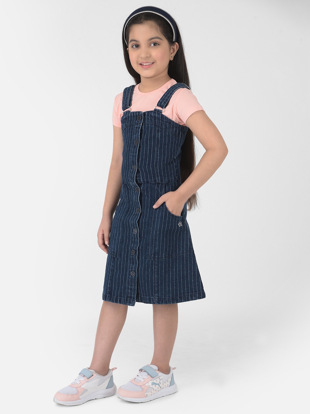 Crimsoune Club Navy Blue Striped Pinafore Dress 