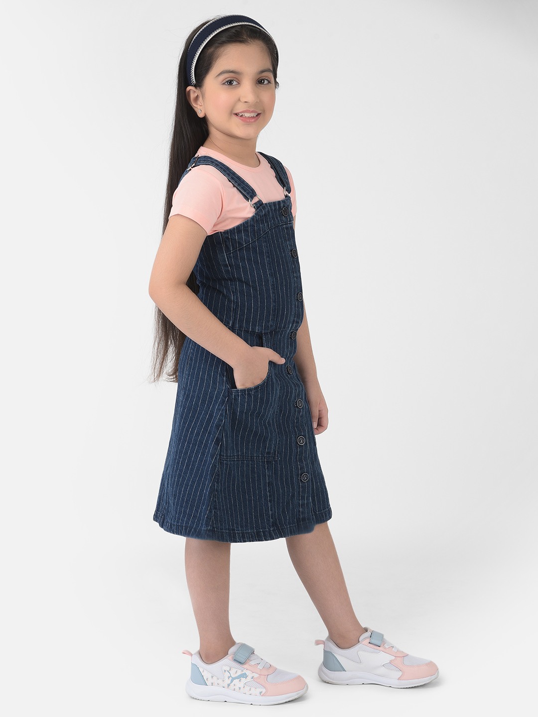 Crimsoune Club Navy Blue Striped Pinafore Dress 