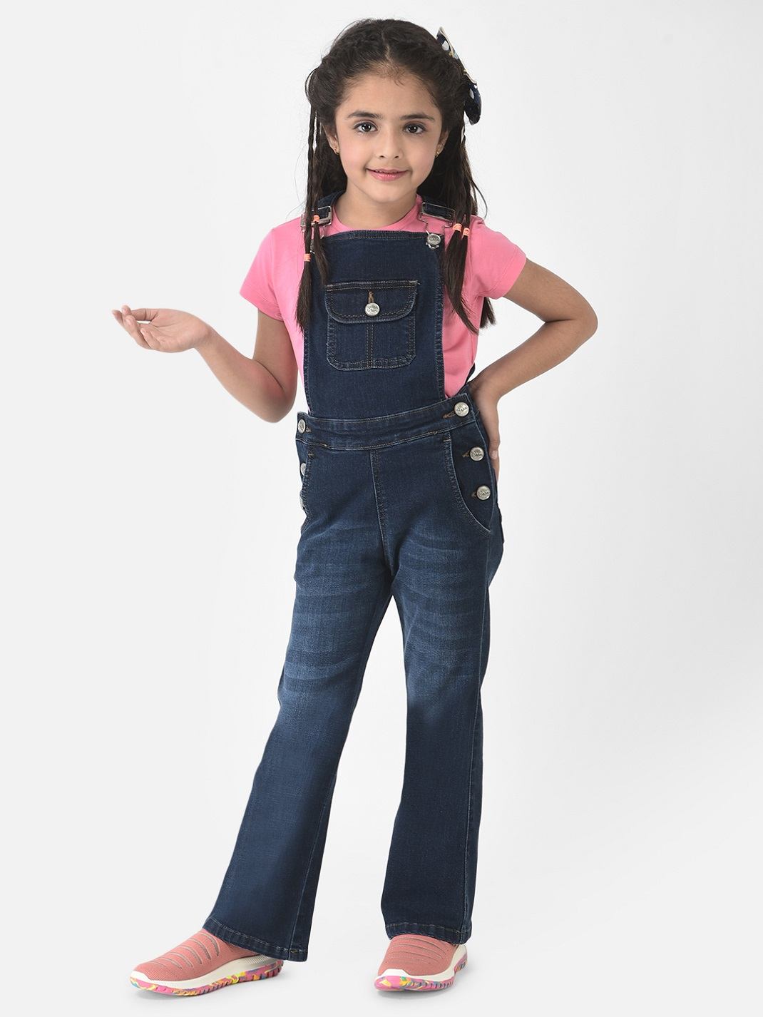 Crimsoune Club Girls Navy Blue Dungaree in Boot-Cut Fit