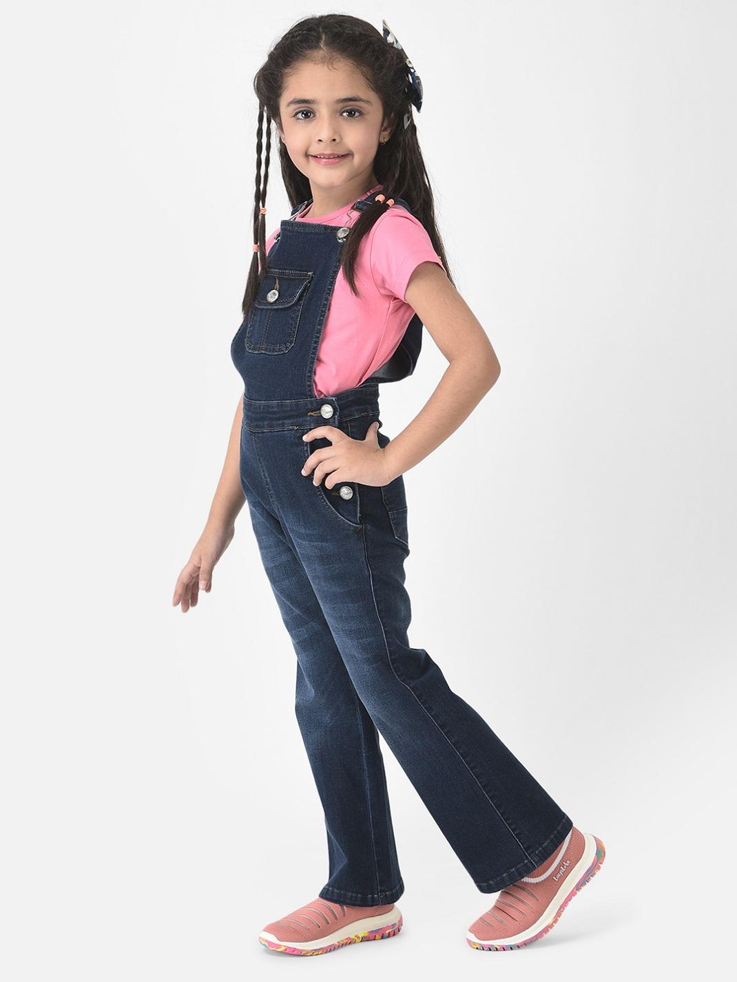 Crimsoune Club Girls Navy Blue Dungaree in Boot-Cut Fit