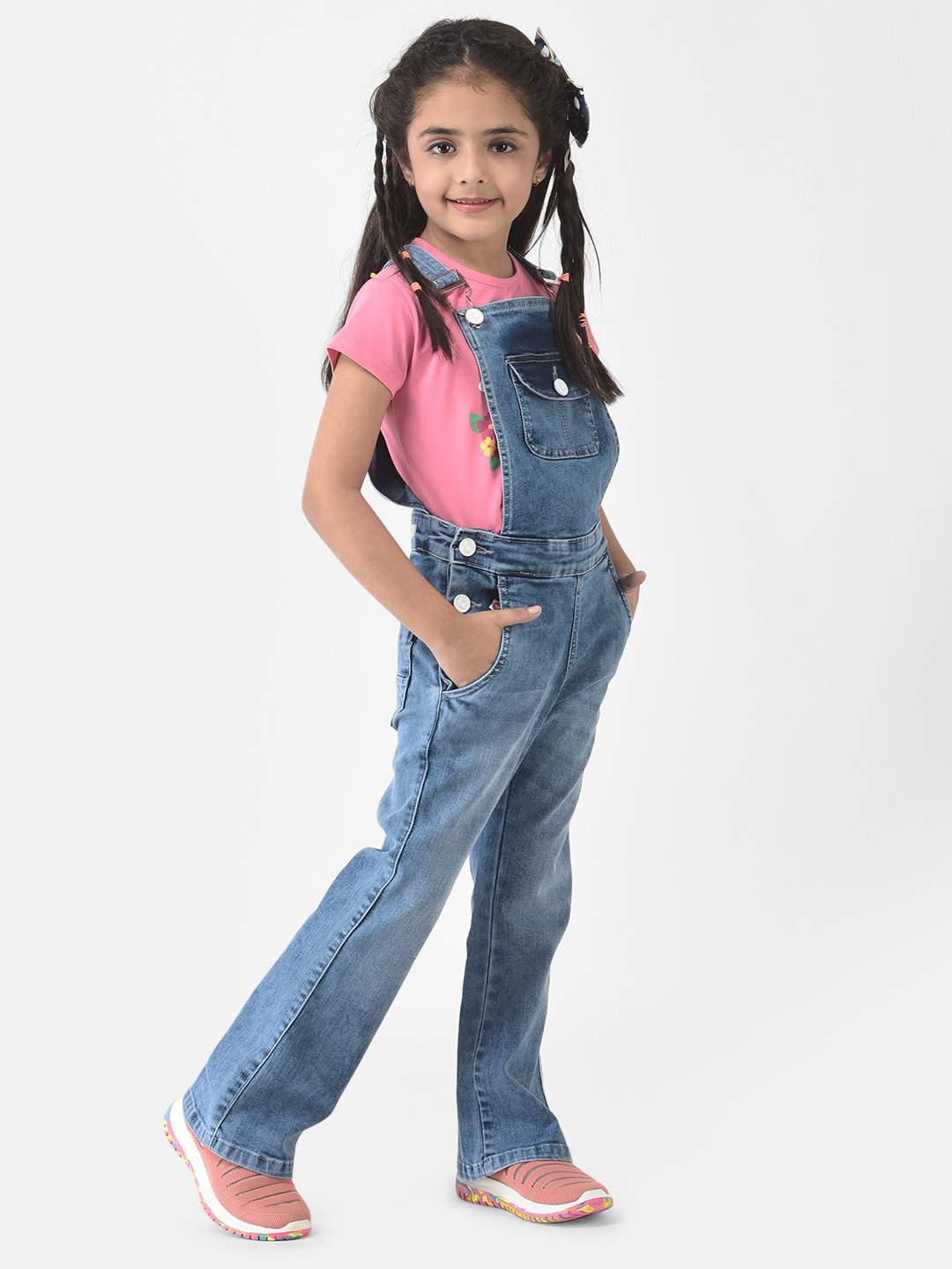 Crimsoune Club Girls Blue Dungaree in Boot-Cut Fit