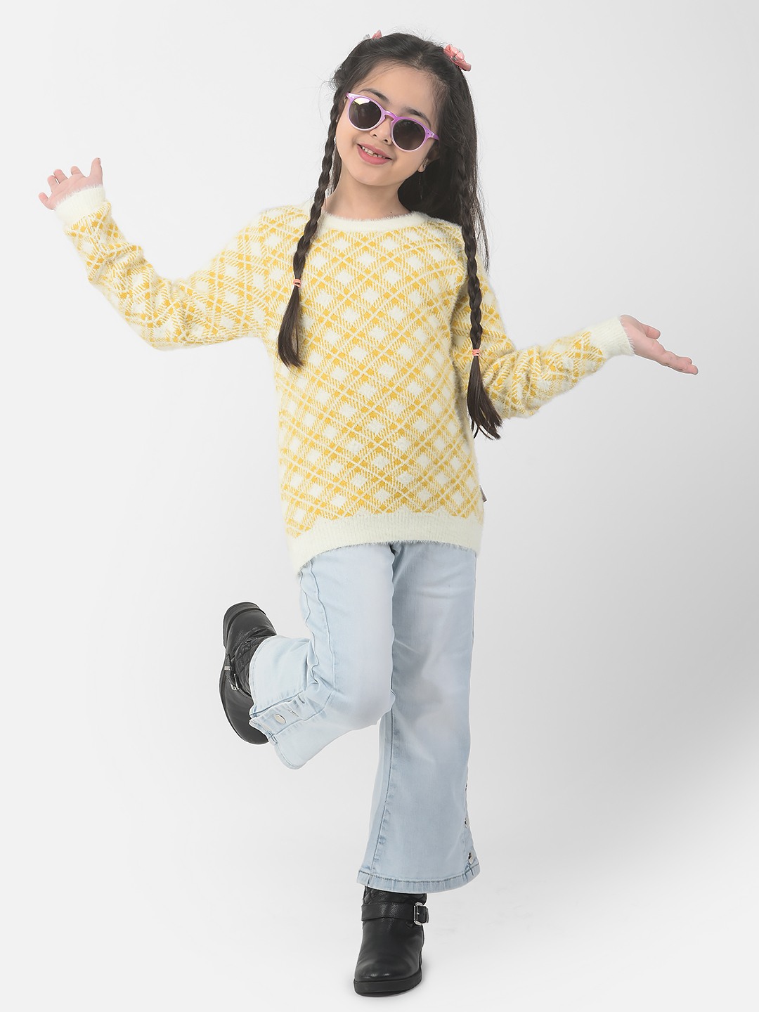 Crimsoune Club Girls Mustard Yellow Checkered Sweater