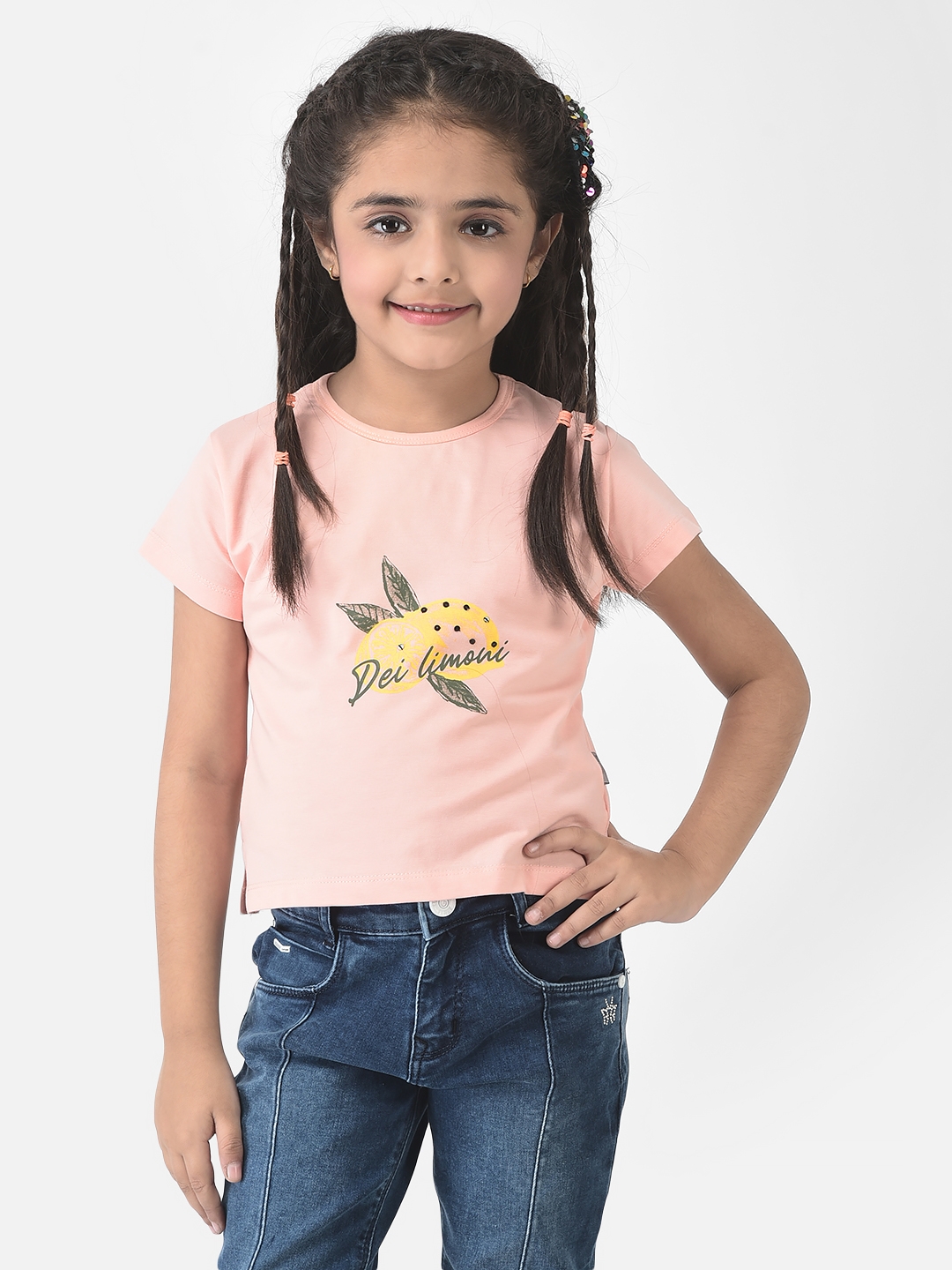 Crimsoune Club Girls Peach Cropped T-Shirt with Graphic Detail 