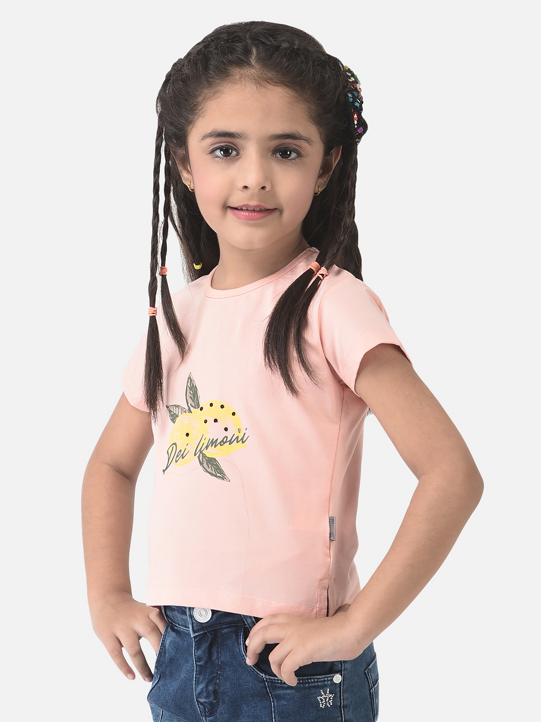 Crimsoune Club Girls Peach Cropped T-Shirt with Graphic Detail 