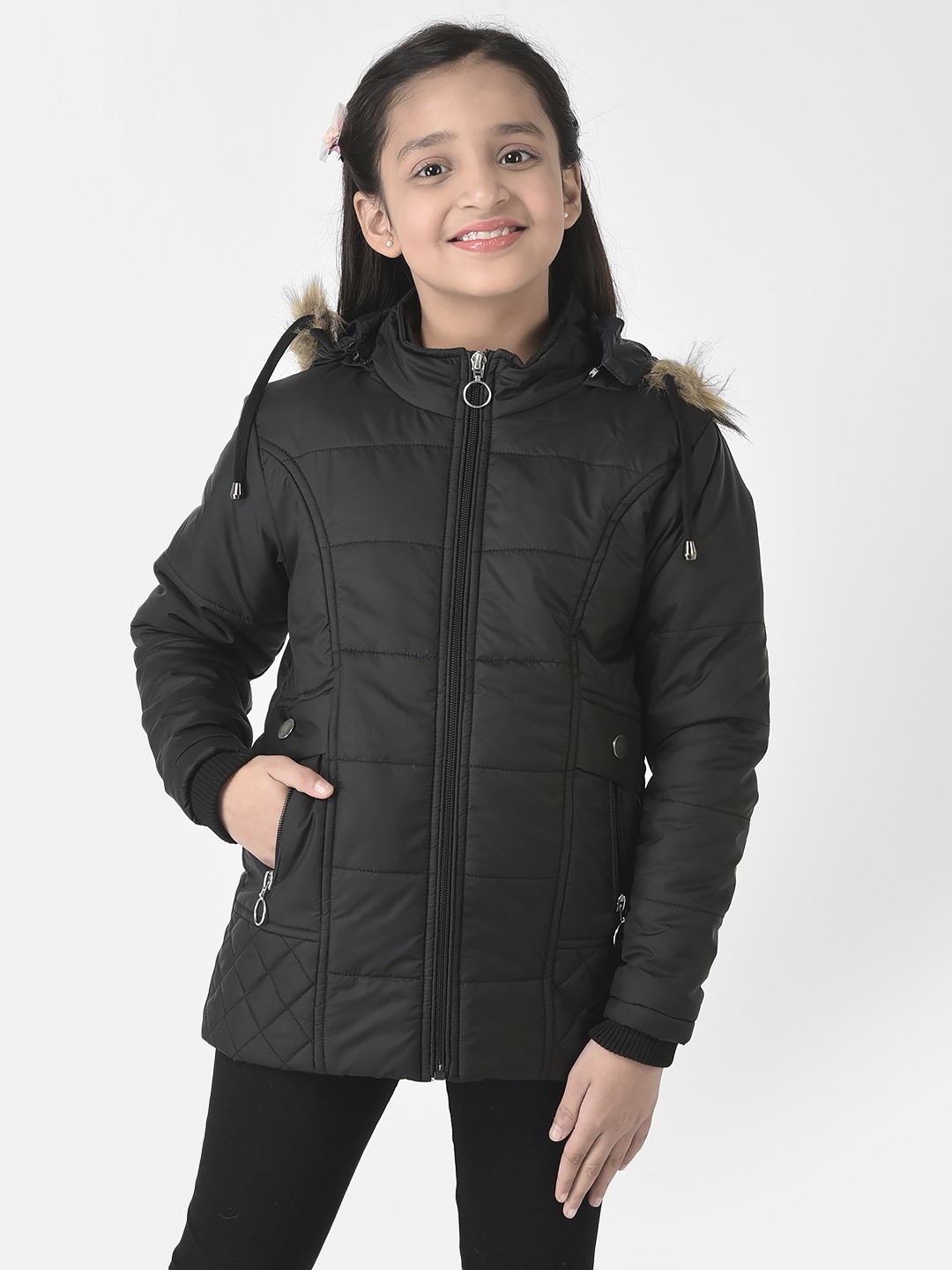 Crimsoune Club Girls Black Fur Detailed Padded Jacket