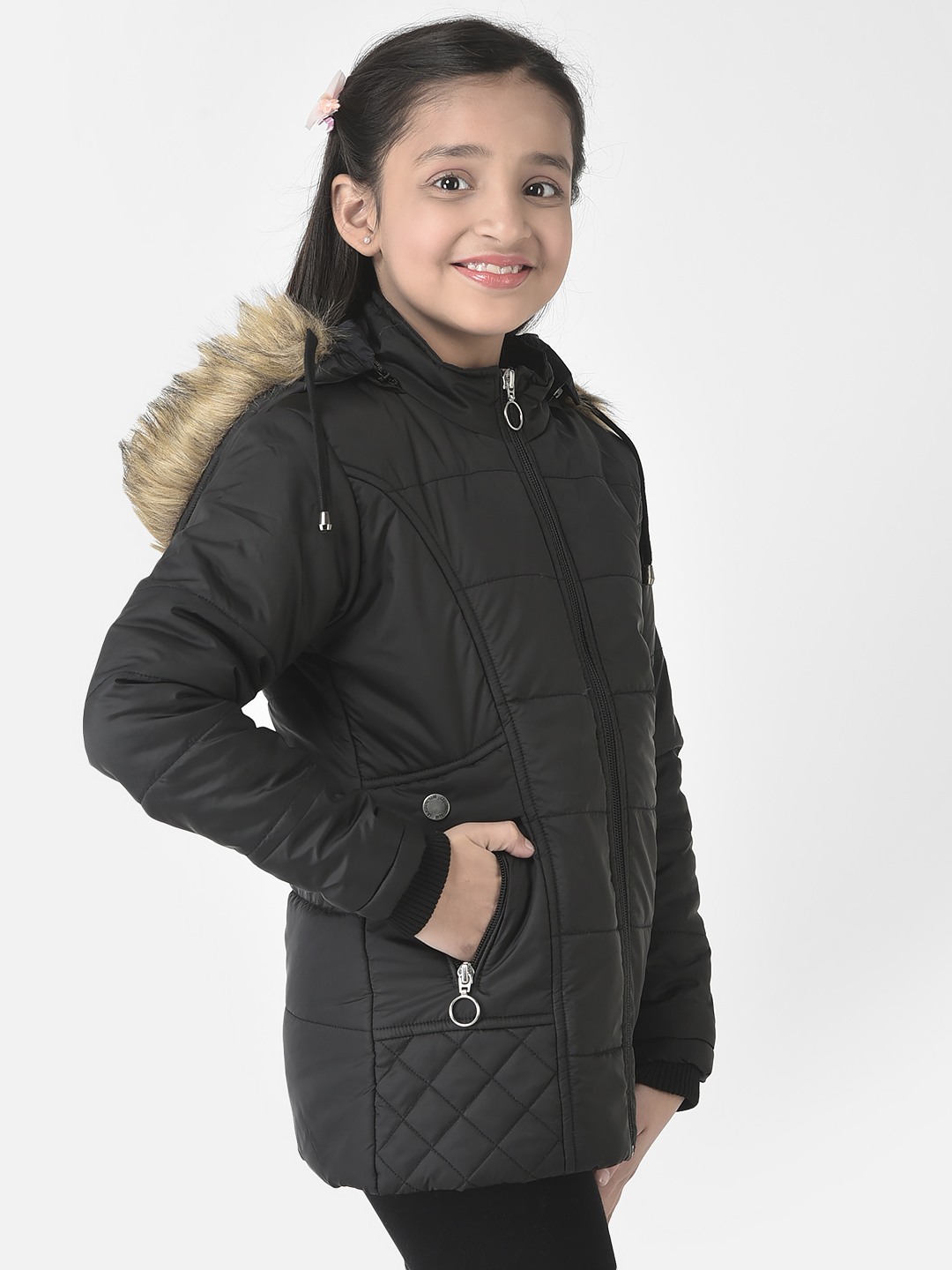 Crimsoune Club Girls Black Fur Detailed Padded Jacket