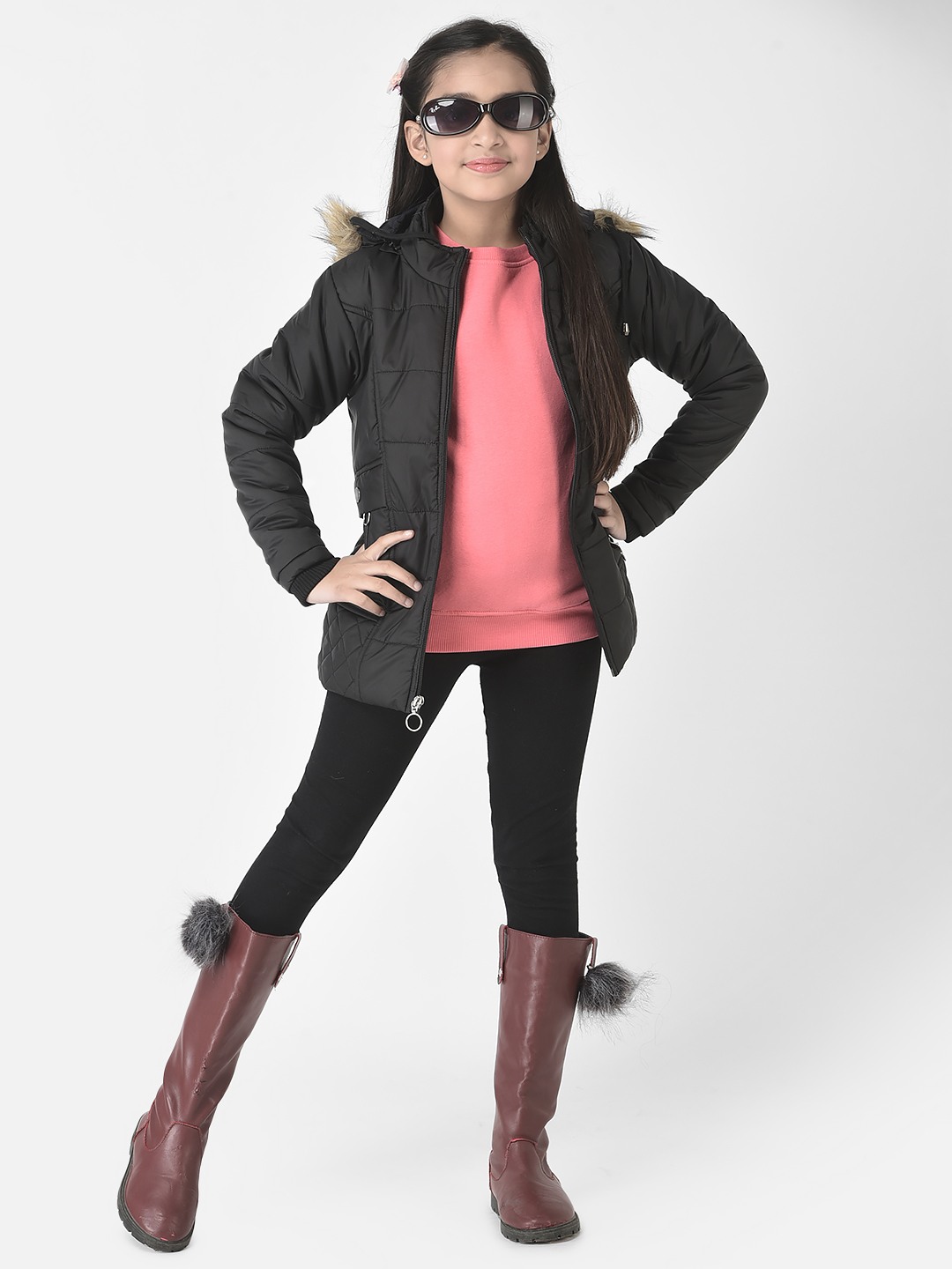 Crimsoune Club Girls Black Fur Detailed Padded Jacket