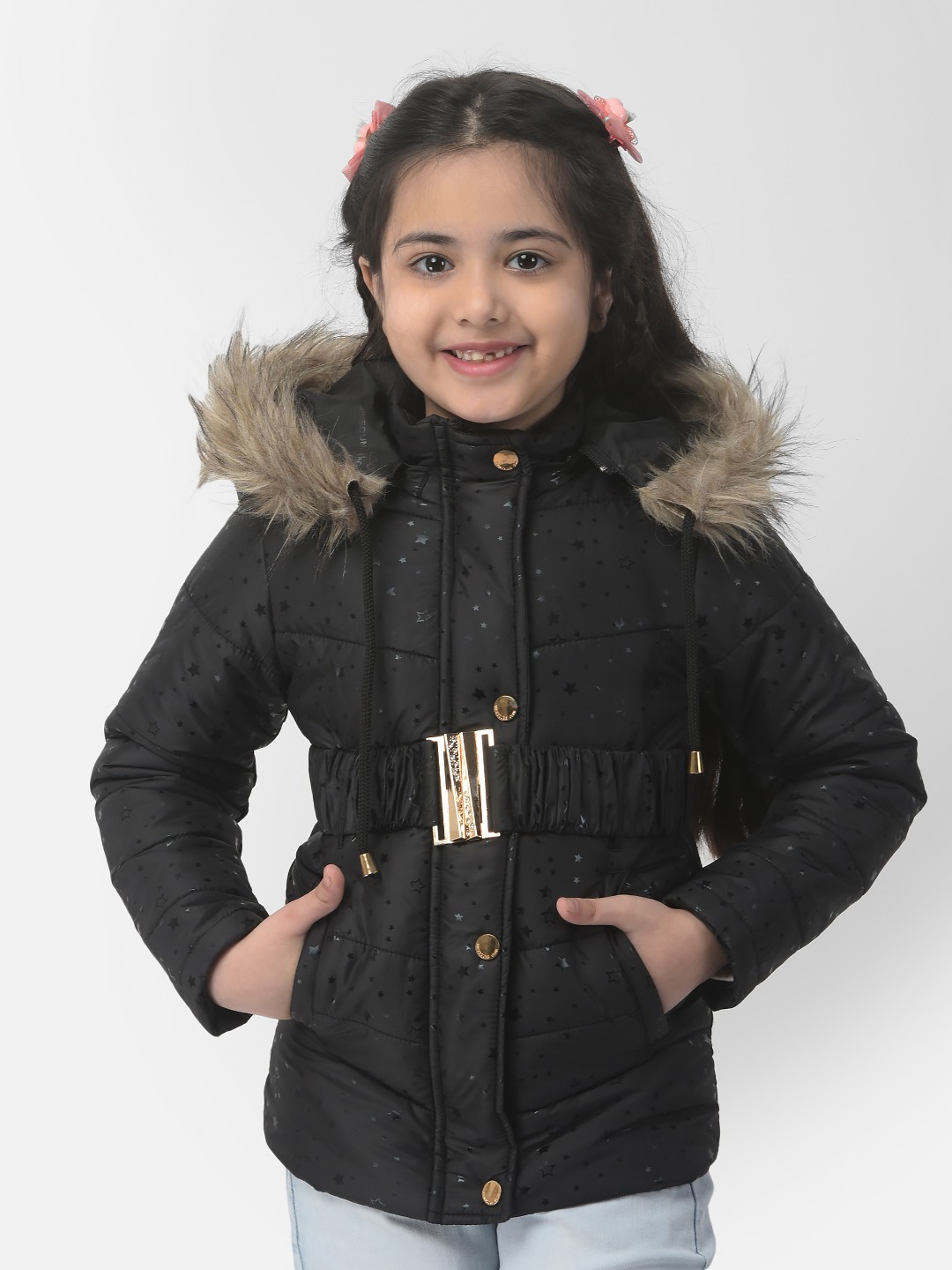 Crimsoune Club Girls Belted Black Starry Jacket
