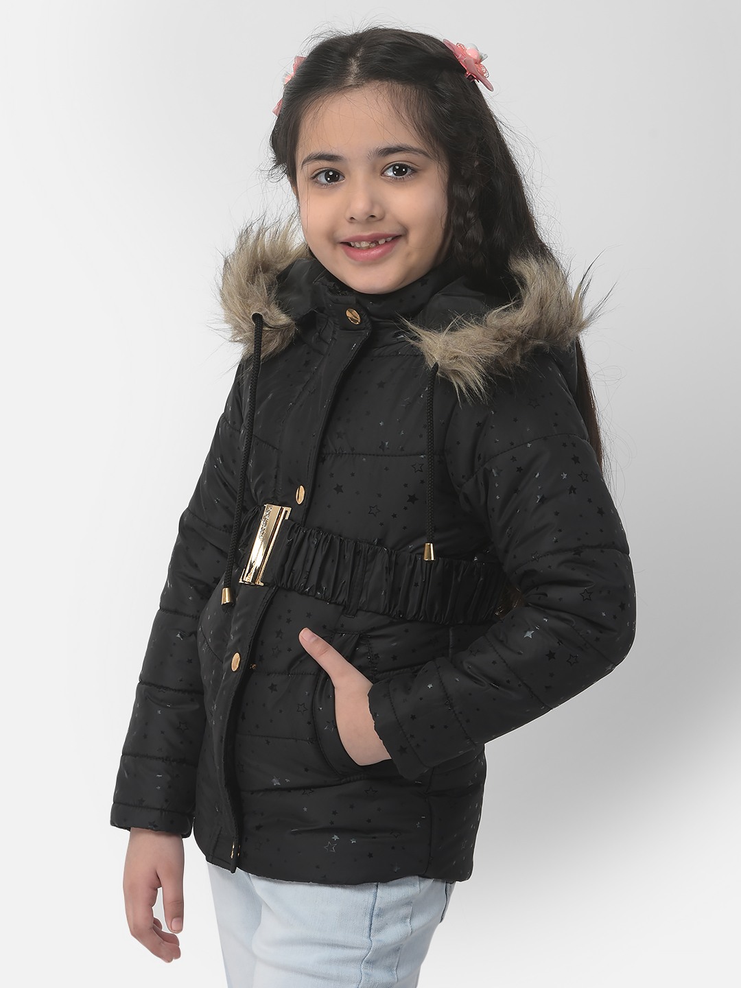 Crimsoune Club Girls Belted Black Starry Jacket
