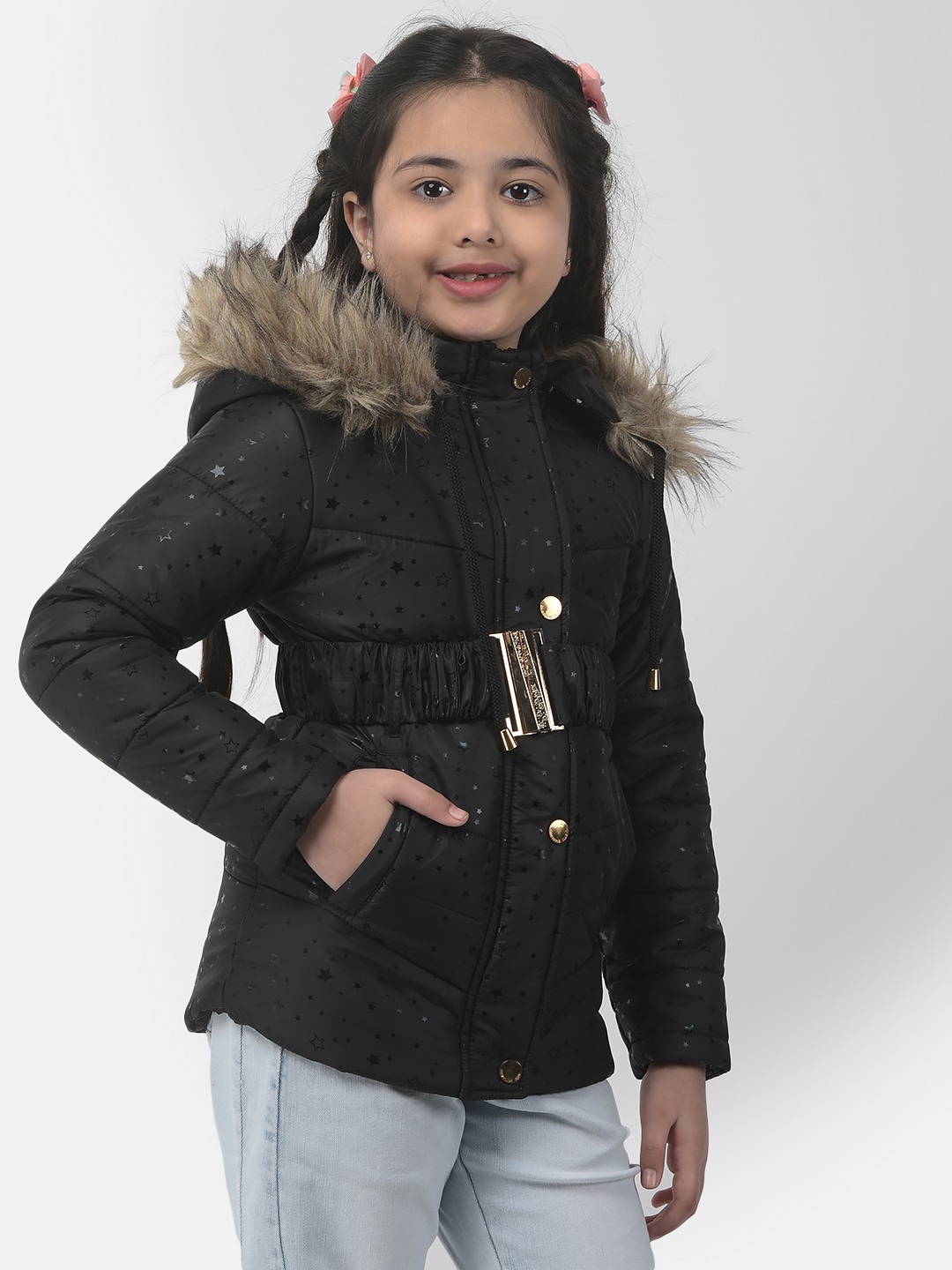 Crimsoune Club Girls Belted Black Starry Jacket