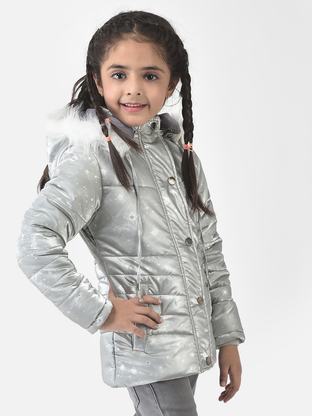 Crimsoune Club Girls Grey Padded Jacket in Star Print