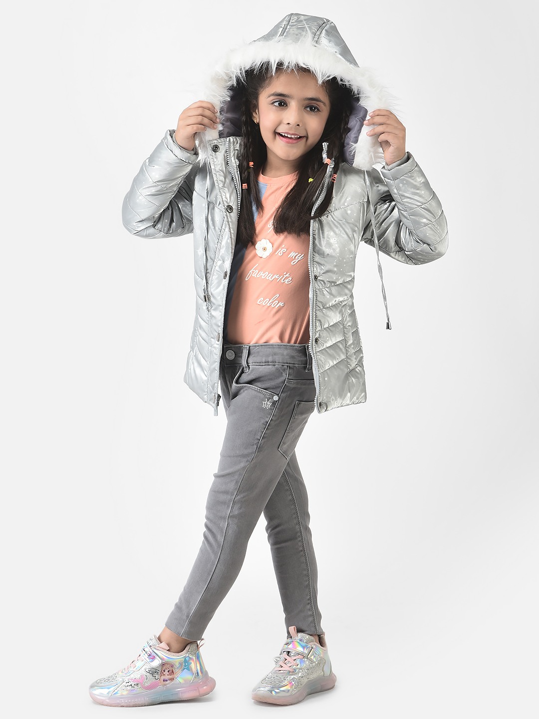Crimsoune Club Girls Grey Padded Jacket in Star Print