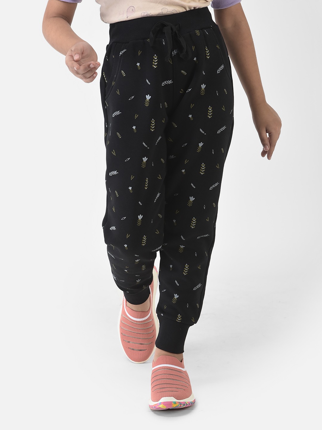 Crimsoune Club Girls Black Joggers with Floral Print 