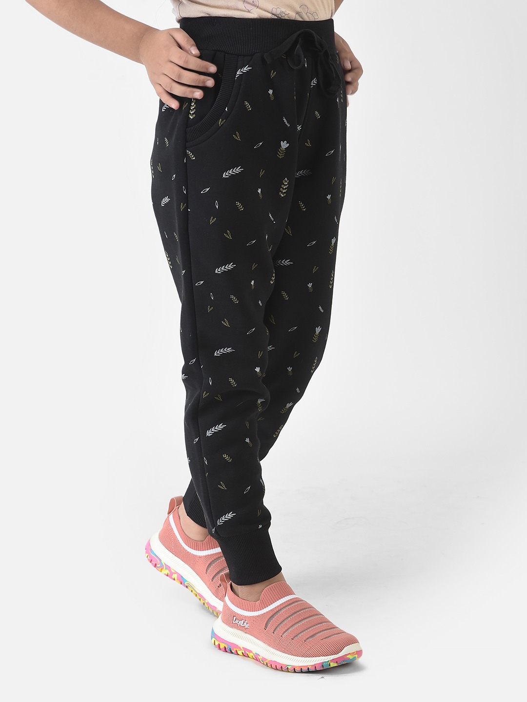 Crimsoune Club Girls Black Joggers with Floral Print 