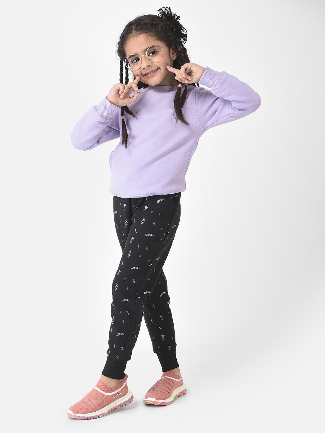 Crimsoune Club Girls Black Joggers with Floral Print 