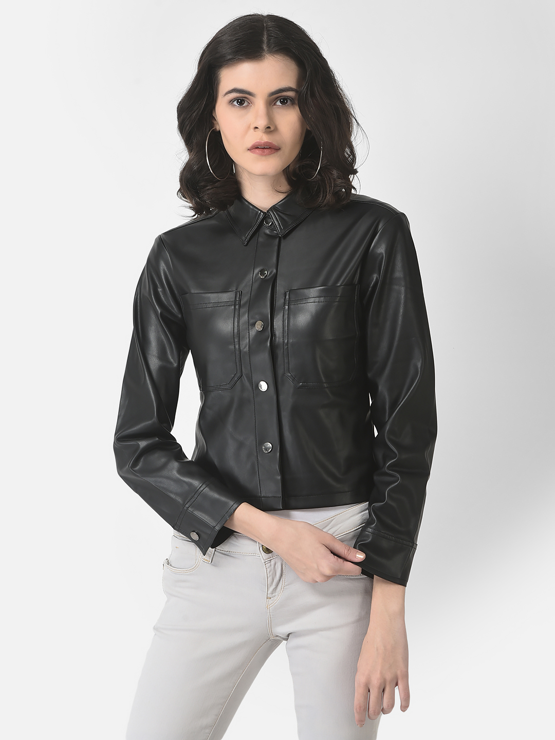 Crimsoune Club Women Cropped Black Faux Leather Jacket
