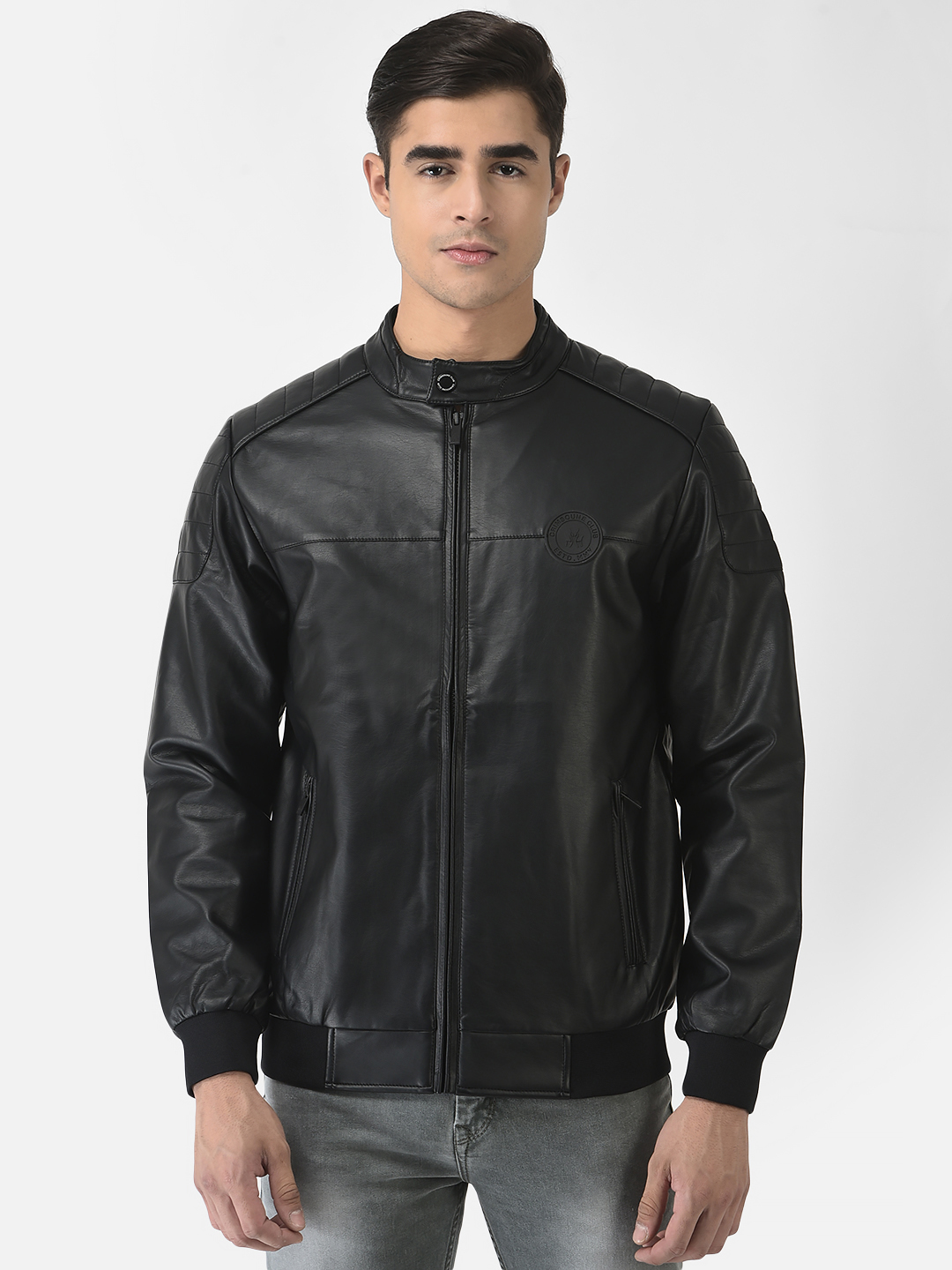 Crimsoune Club Men Black Leather Jacket with Logo Work Crimsoune Club