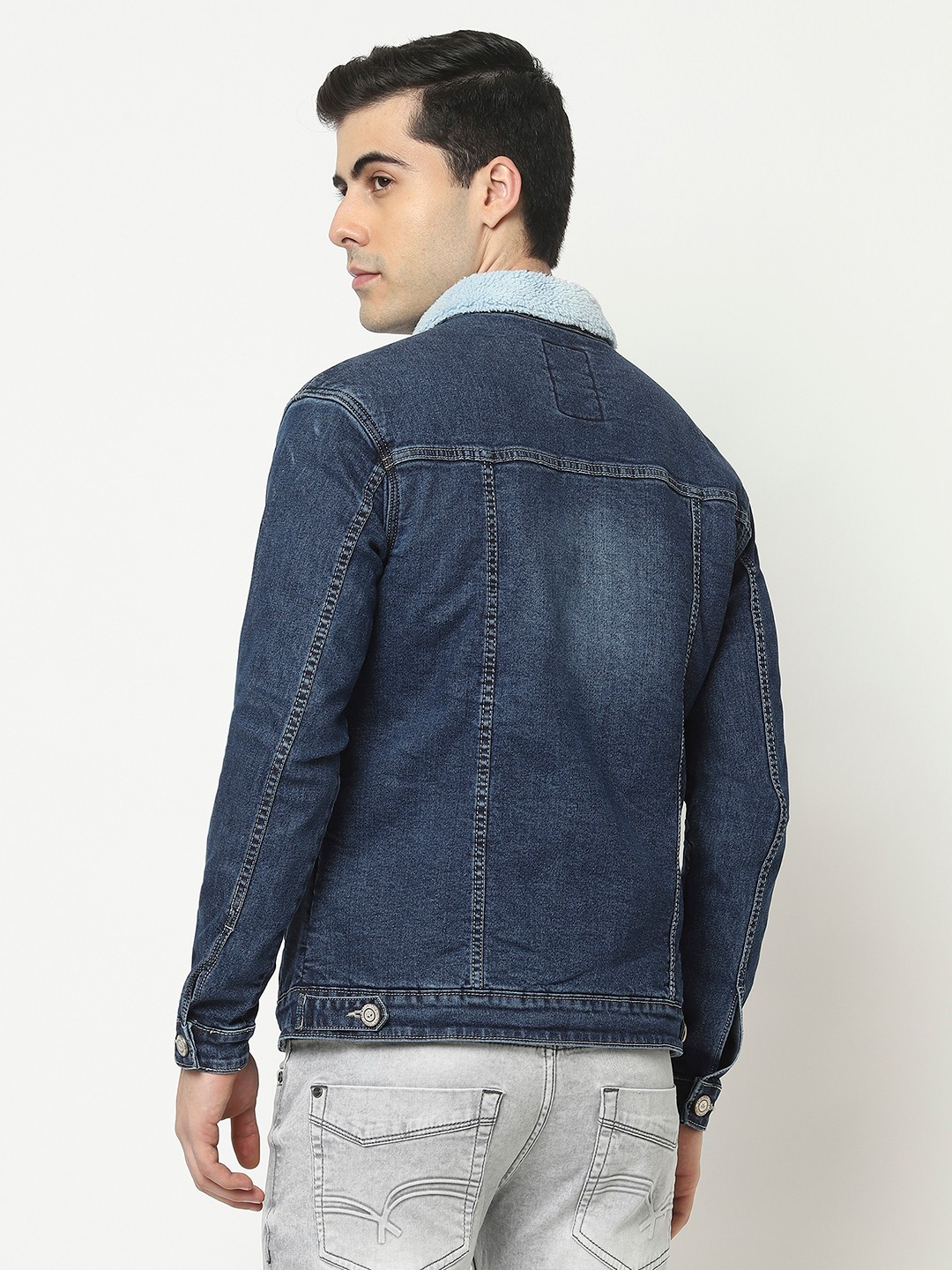 Crimsoune Club Men Blue Denim Jacket with Fur Inning Crimsoune Club