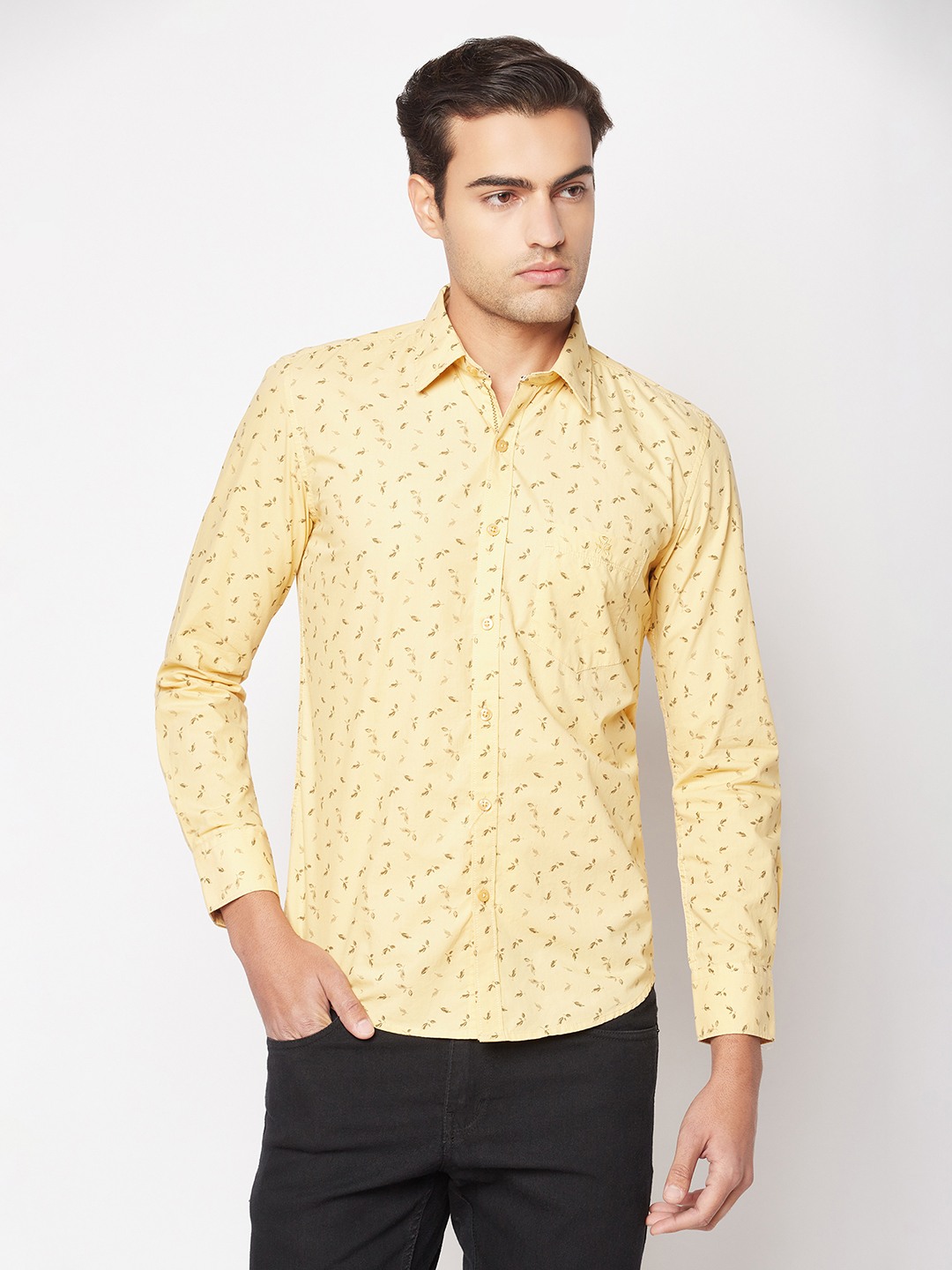 Crimsoune Club Men Lime Yellow Floral Print Shirt