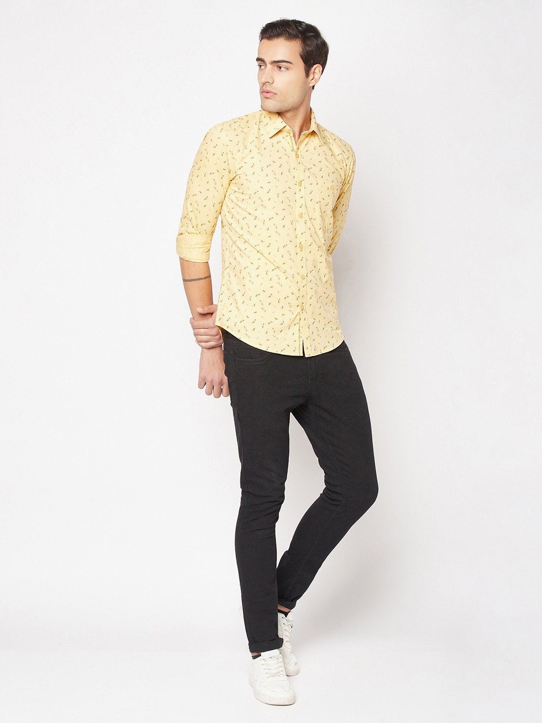 Crimsoune Club Men Lime Yellow Floral Print Shirt