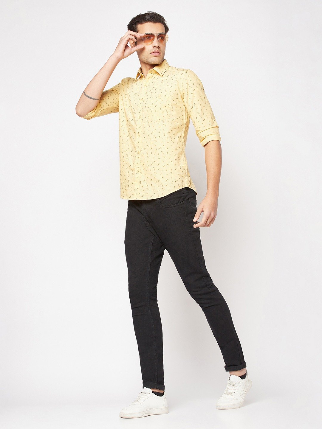Crimsoune Club Men Lime Yellow Floral Print Shirt