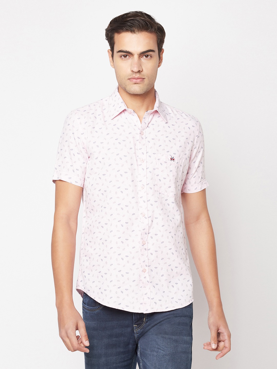 Crimsoune Club Men Short-Sleeved Light Pink Floral Shirt