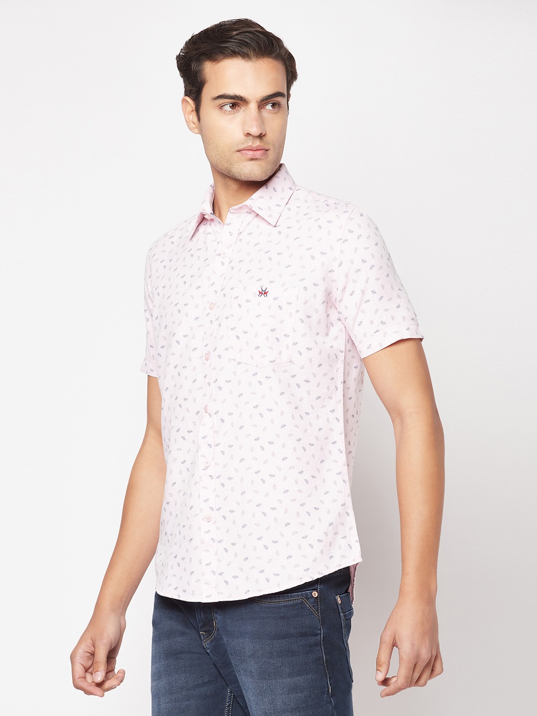 Crimsoune Club Men Short-Sleeved Light Pink Floral Shirt