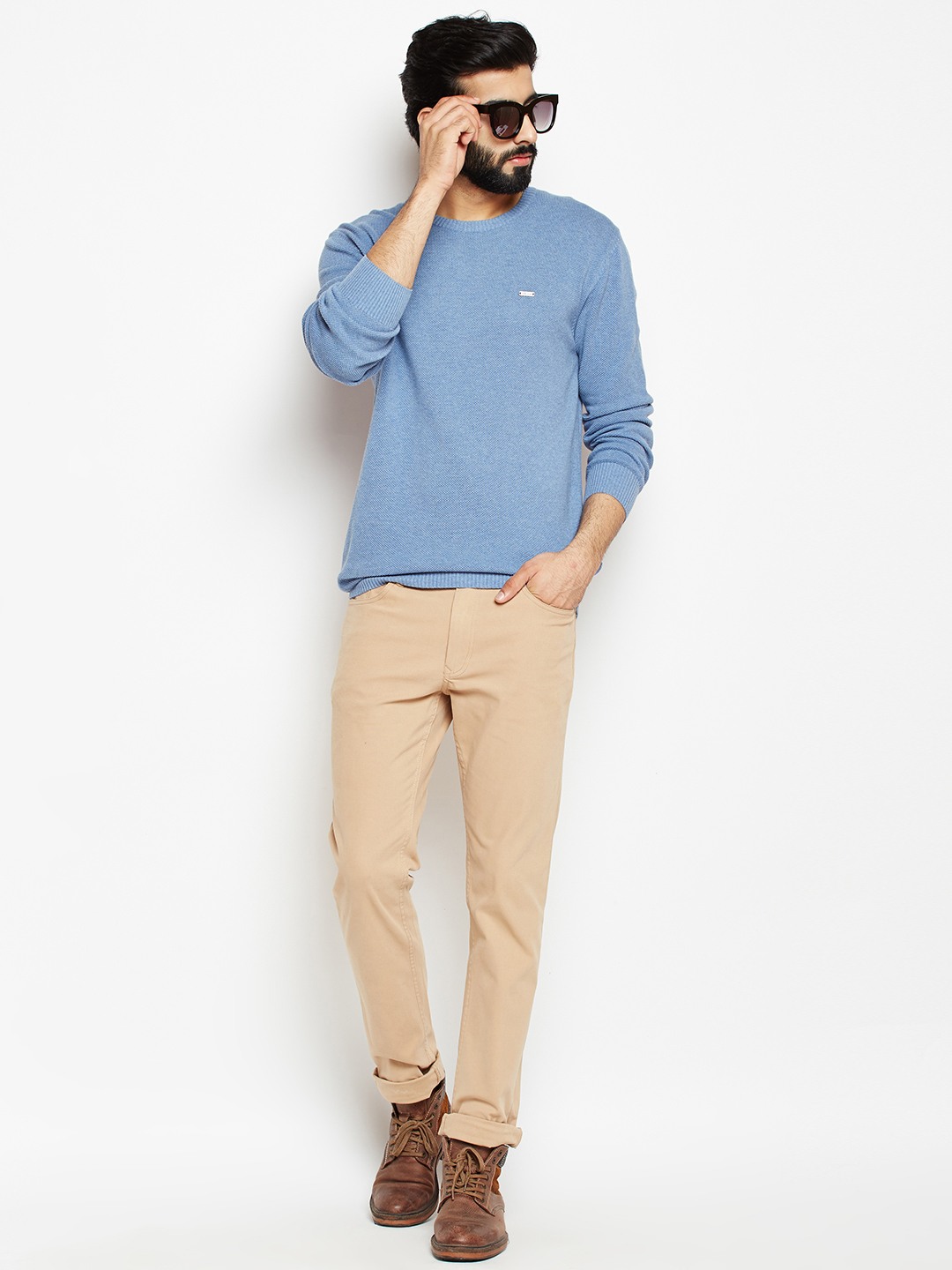 Crimsoune Club Men Blue Solid Round Neck Sweater