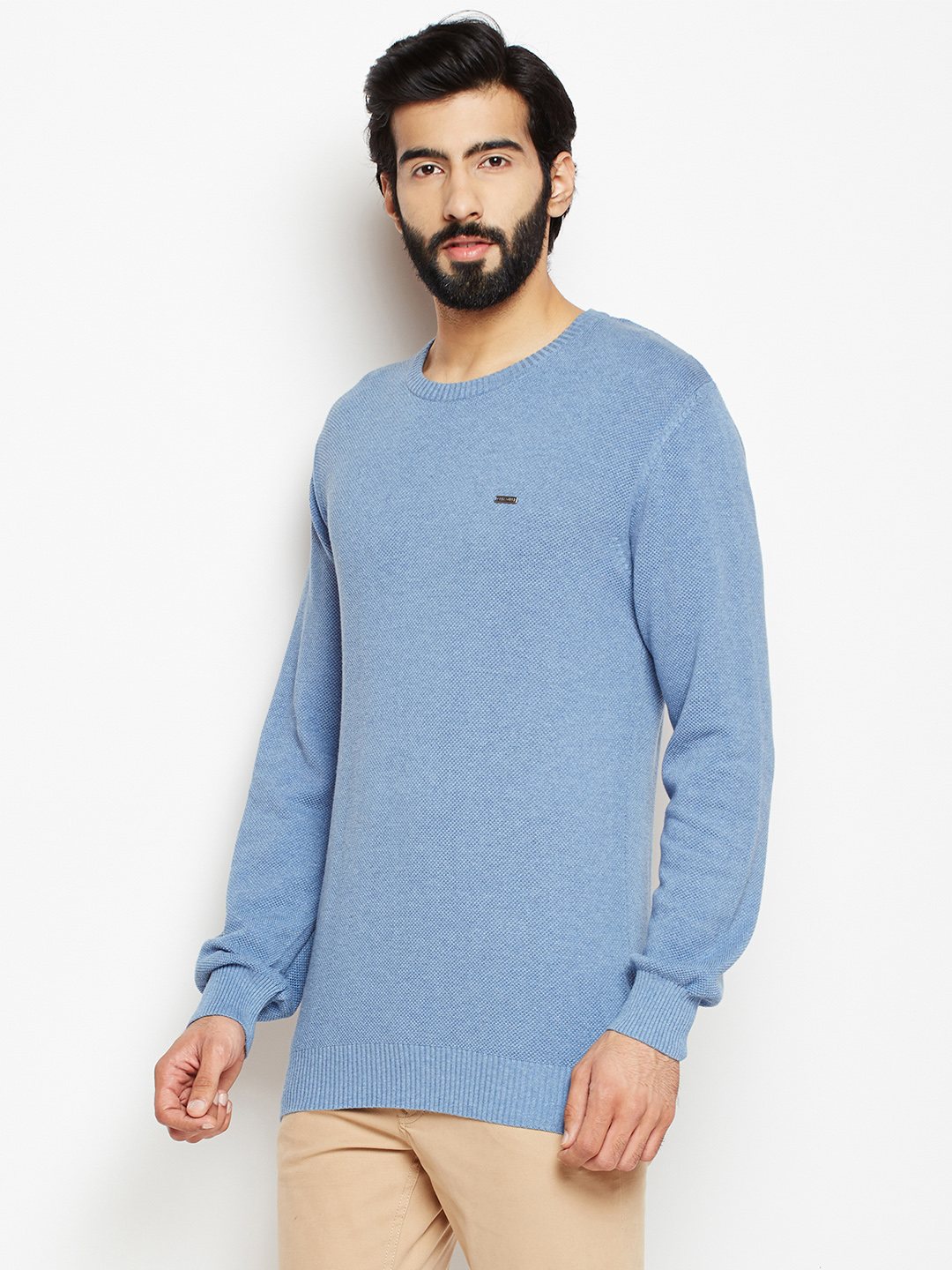 Crimsoune Club Men Blue Solid Round Neck Sweater