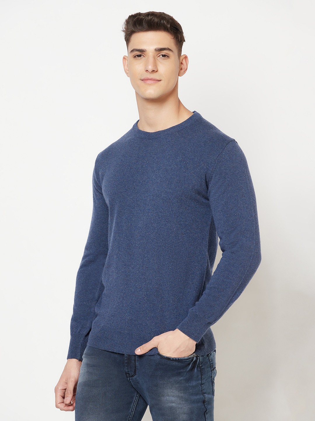 Crimsoune Club Men Blue Solid Round Neck Sweater