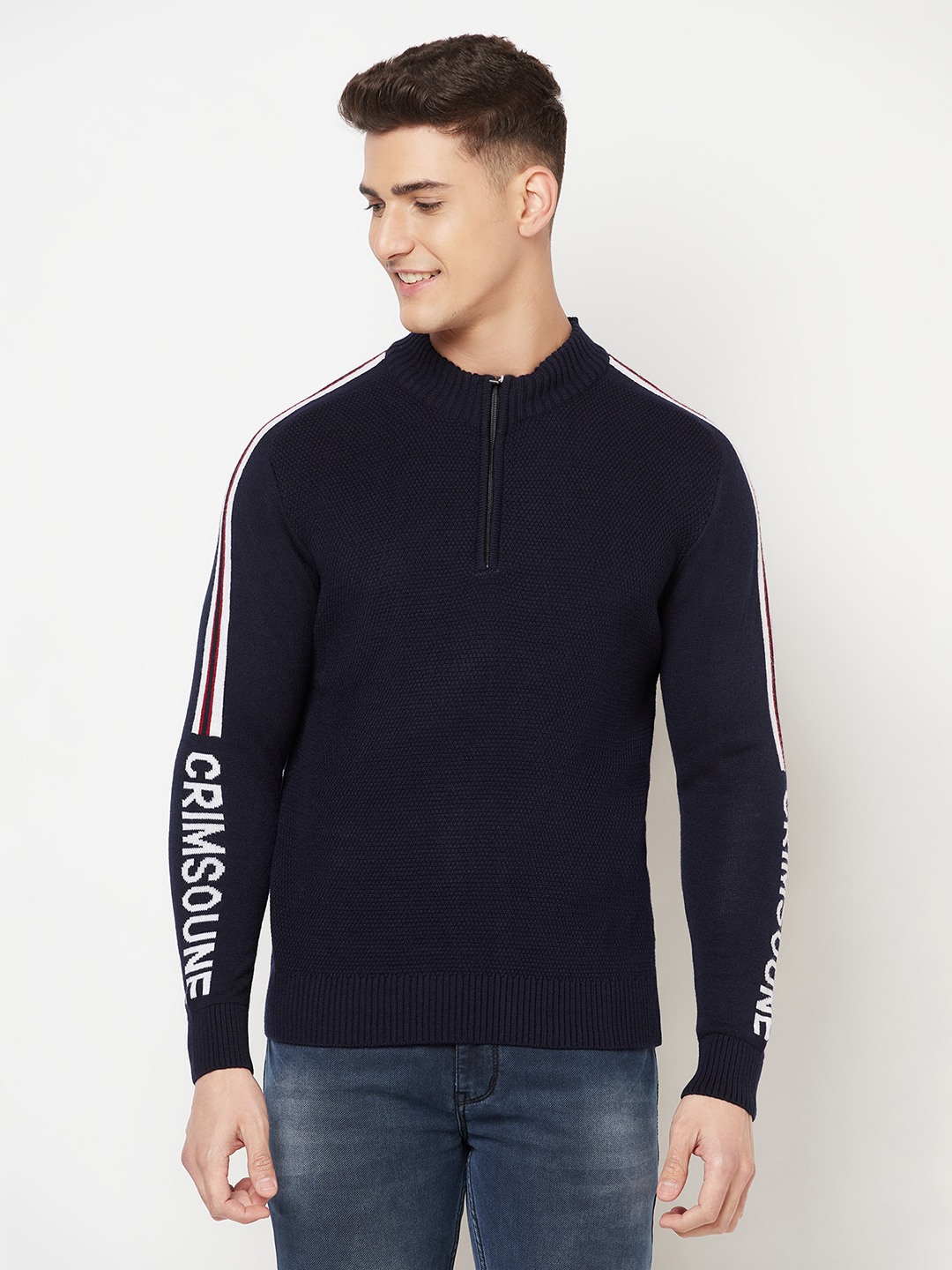 Crimsoune Club Men Navy Blue Printed Mock Neck Sweater