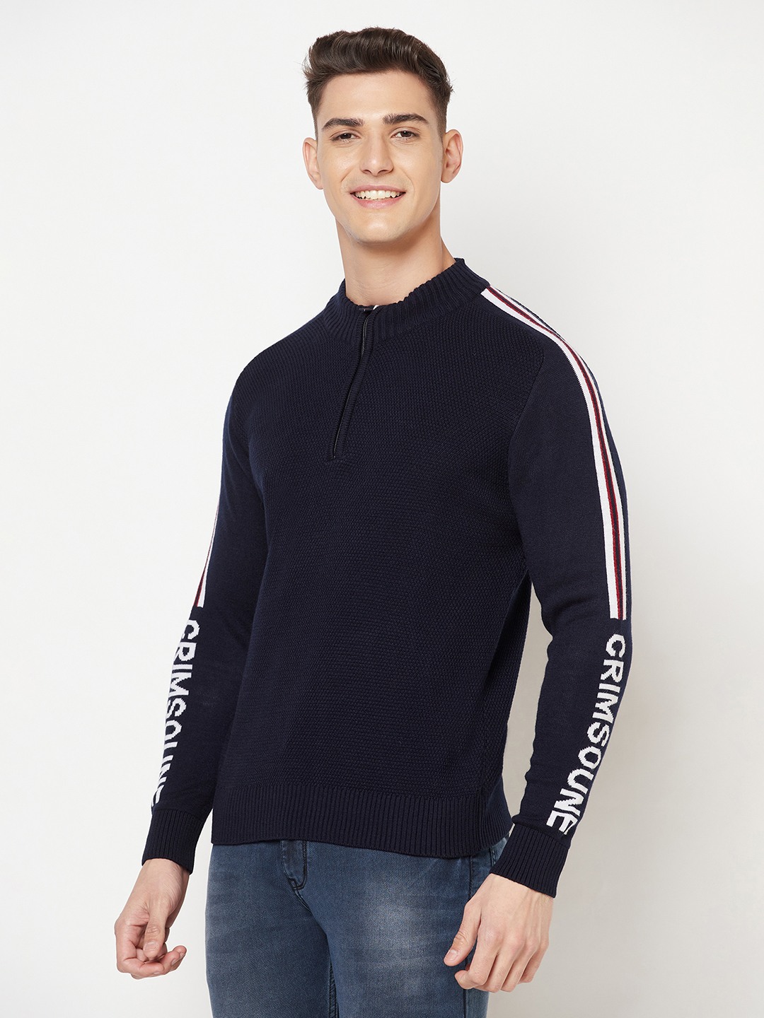 Crimsoune Club Men Navy Blue Printed Mock Neck Sweater