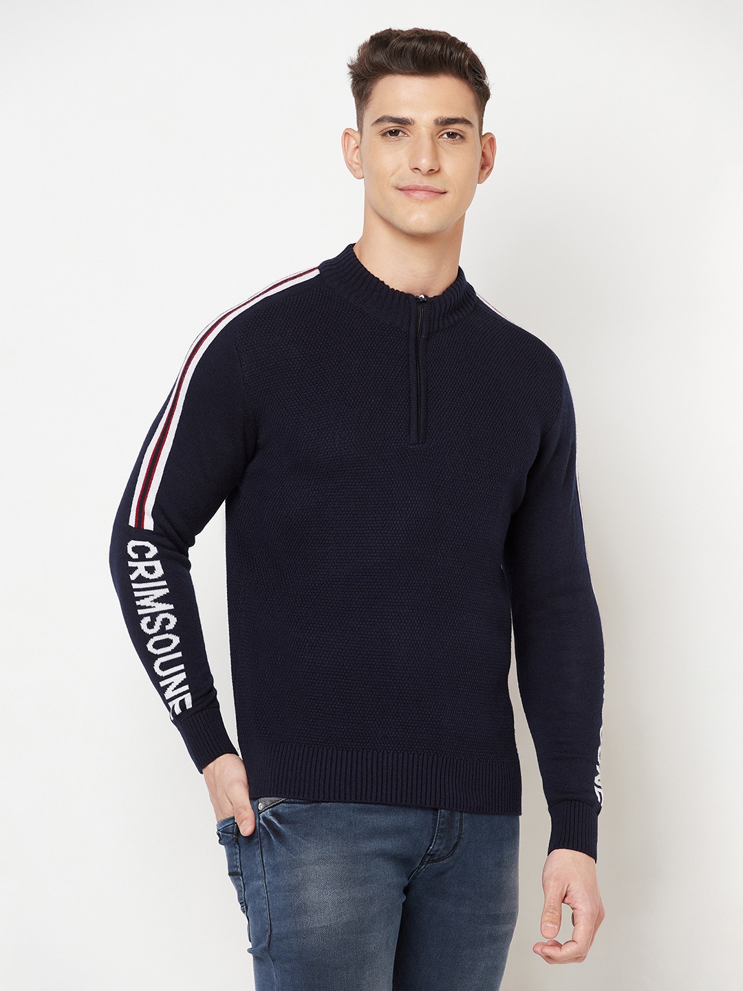 Crimsoune Club Men Navy Blue Printed Mock Neck Sweater