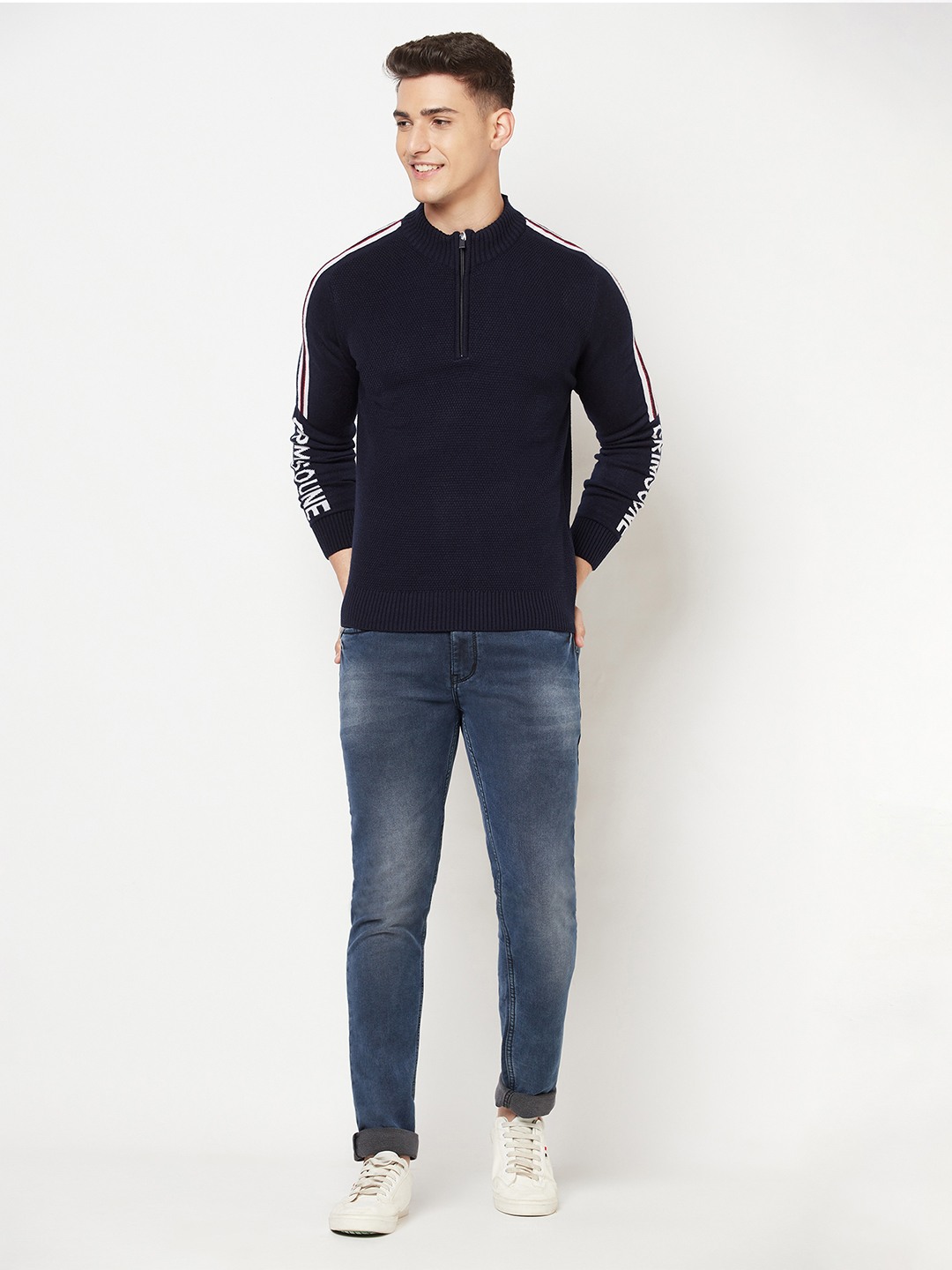 Crimsoune Club Men Navy Blue Printed Mock Neck Sweater