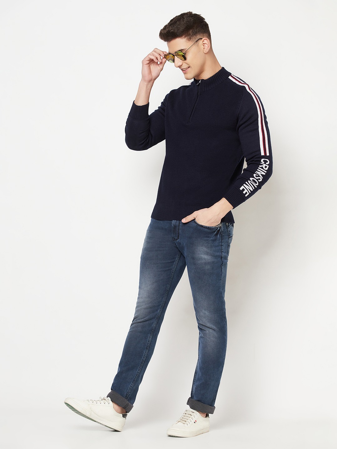 Crimsoune Club Men Navy Blue Printed Mock Neck Sweater
