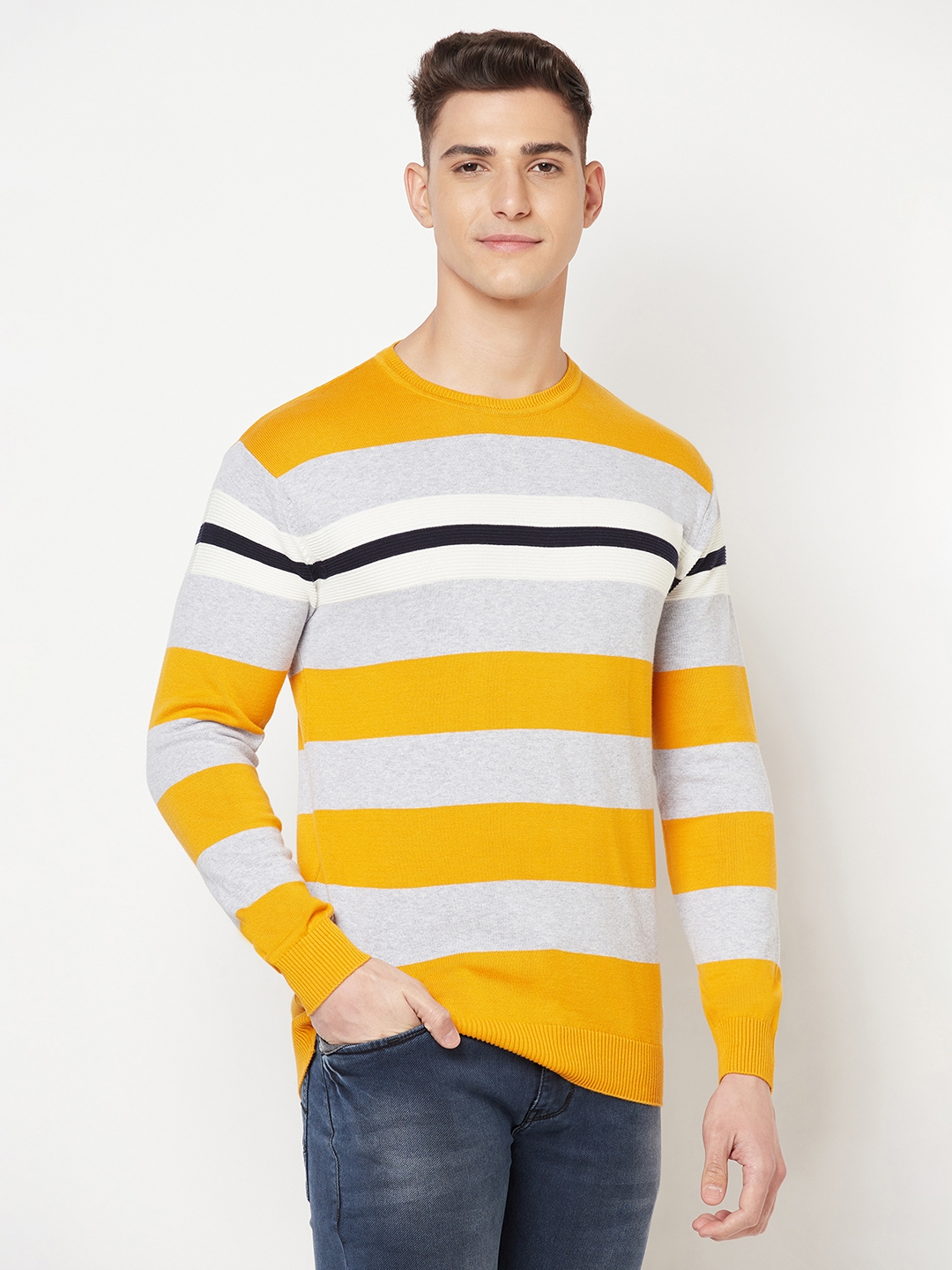 Crimsoune Club | Crimsoune Club Men Yellow Colourblocked Round Neck Sweater 3
