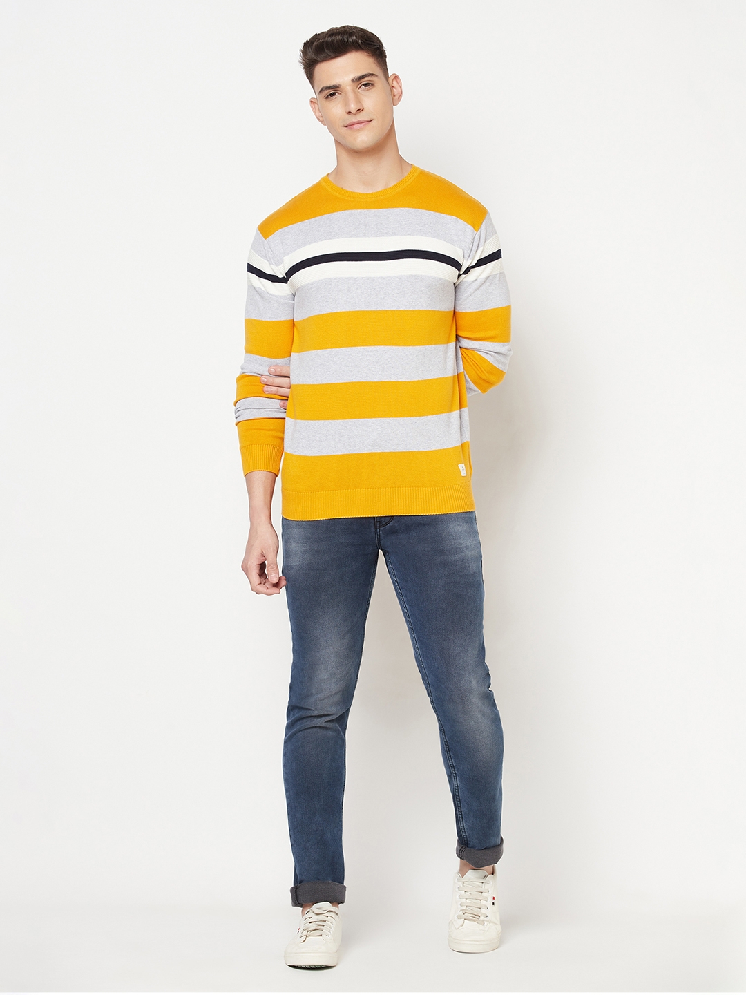 Crimsoune Club | Crimsoune Club Men Yellow Colourblocked Round Neck Sweater 4